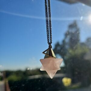 Rose Quartz 18mm Merkaba"32”premium flat-link antique brass&silver plated Chain